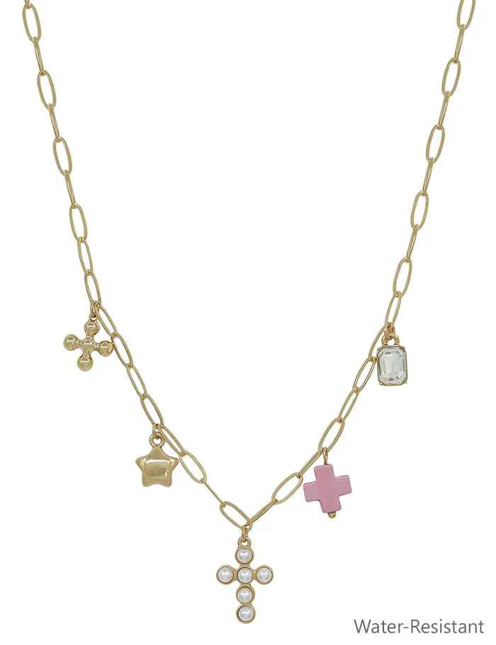 Pearl & Pink Cross Charm Necklace - Elegant Religious Jewelry for Women, Gift for Baptism, First Communion & Special Occasions
