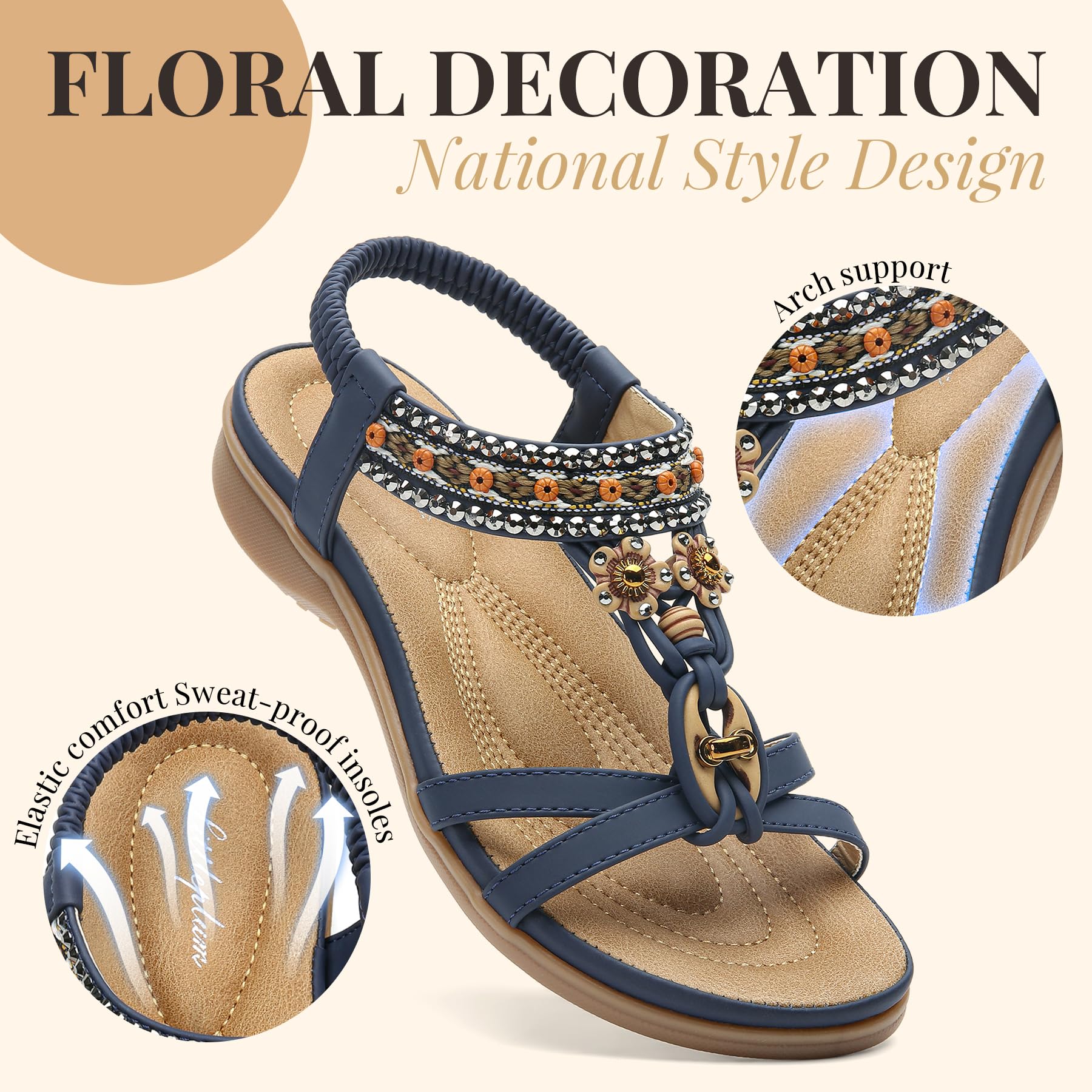 Littleplum Women's Arch Support Sandals - Comfortable Summer Beach Walking Shoes - Bohemian Flip Flops for Women - Perfect for Beach Vacations, Poolside Lounging & Casual Outings