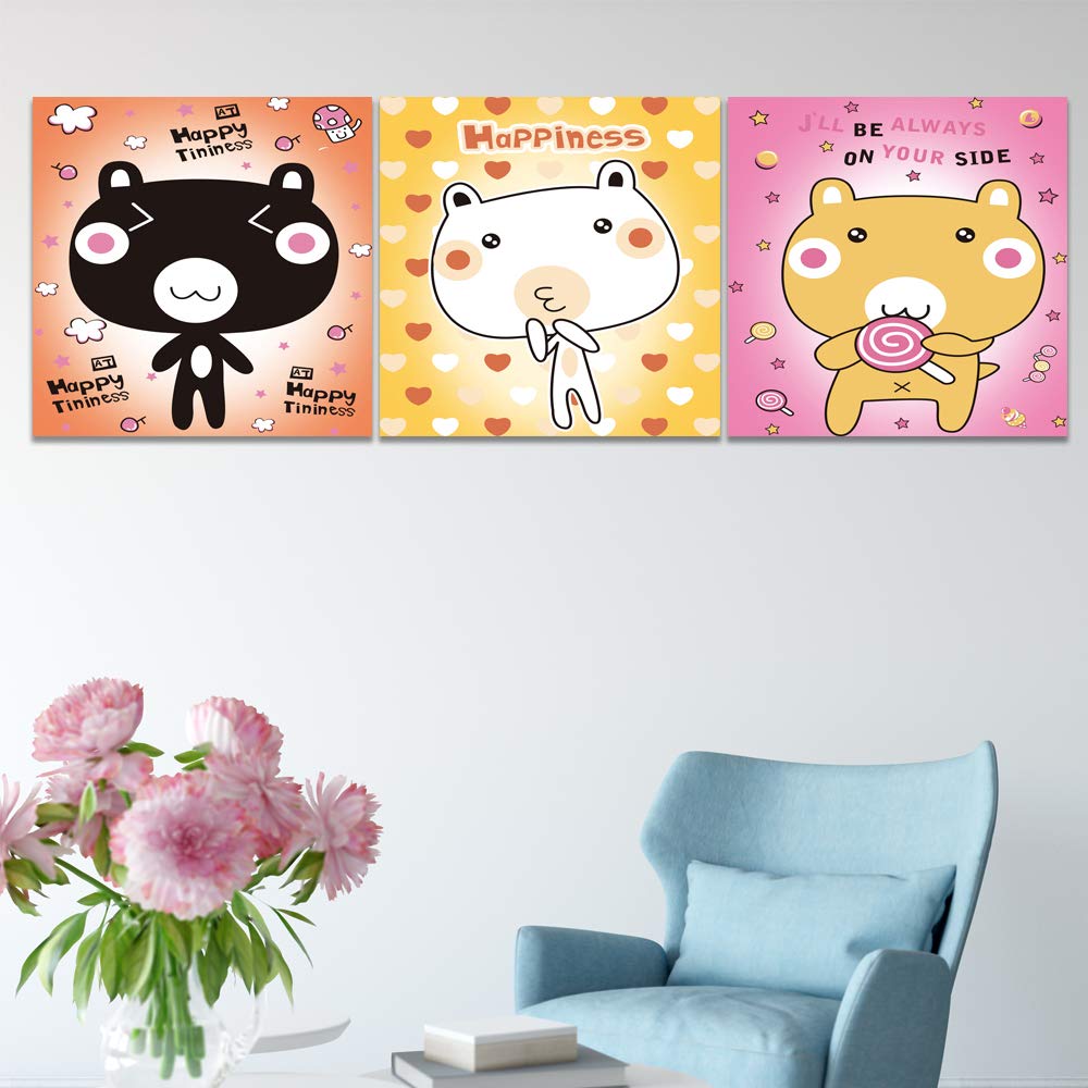 3 Panel Canvas Wall Art - Cartoon Kitty Painting for Bedroom & Living Room Decor