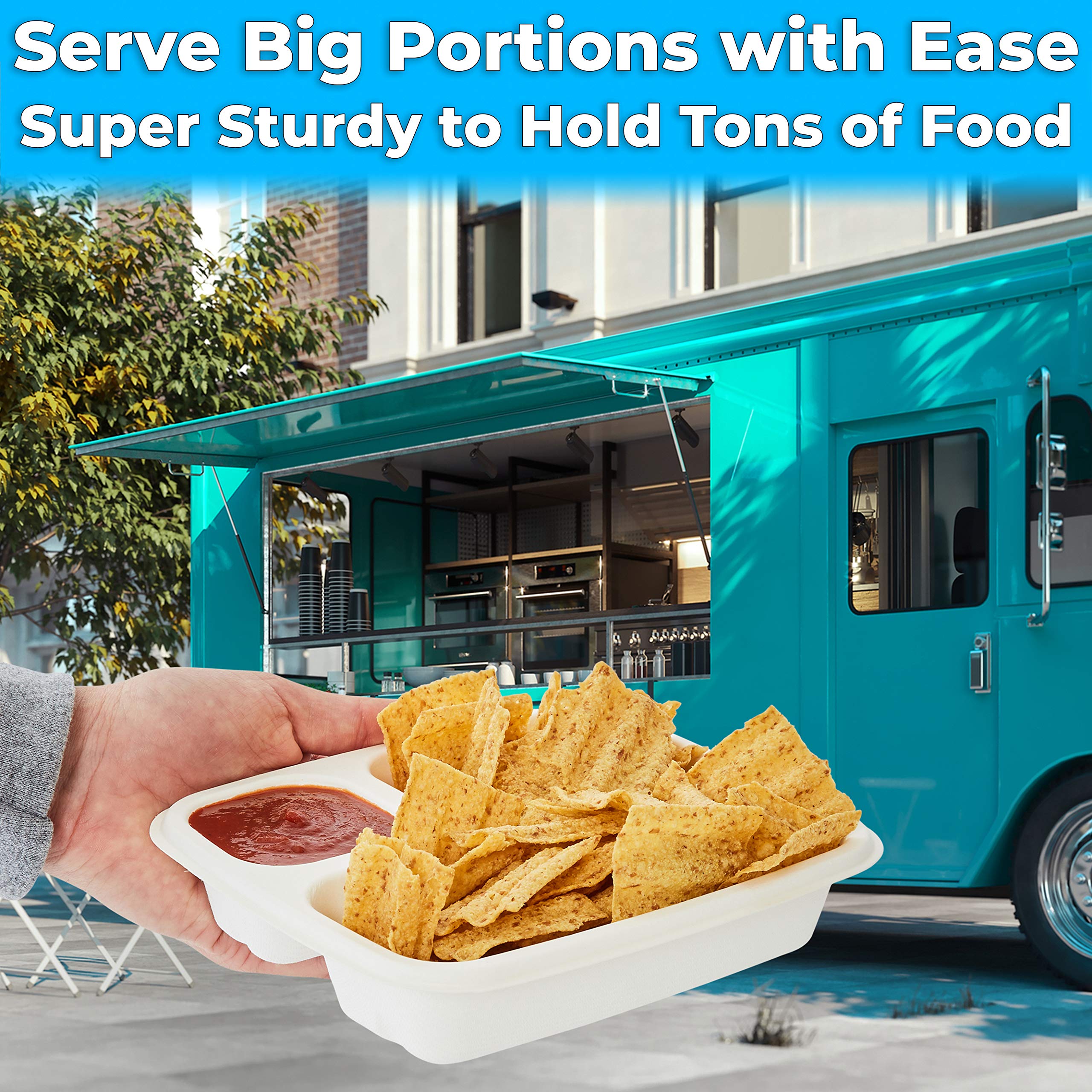 Leak-Free Compostable Bagasse Nacho Trays 300 Pack - Large 2-Compartment Microwave Safe Biodegradable Sugarcane Serving Trays - Durable Divided Holder for Snacks, Nachos, Cheese, Chips & Salsa - Perfect for Parties, Movie Nights & Catering Events