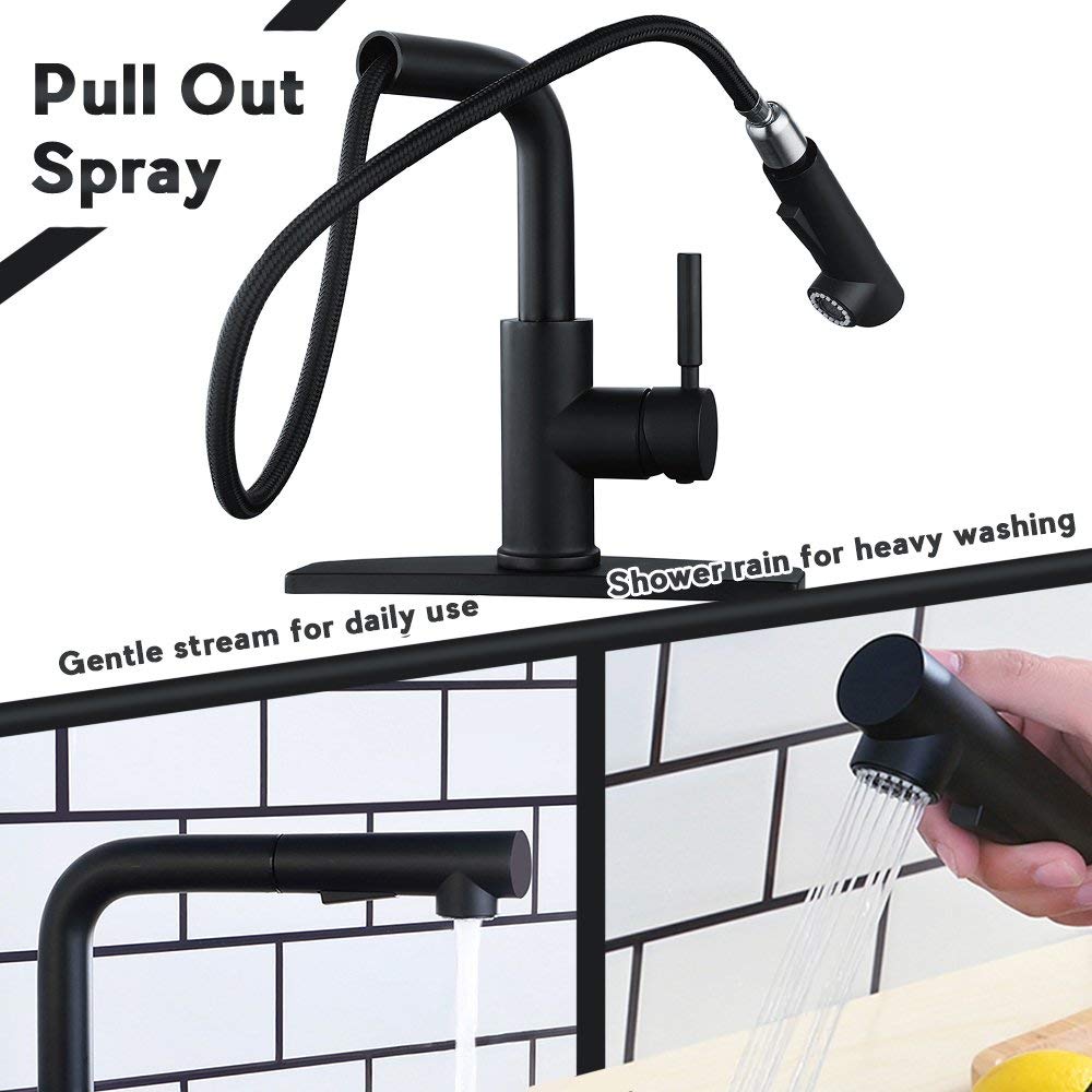 Modern Matte Black Kitchen Sink Faucet with Pull Down Sprayer, Single Lever Low Profile Design, Ideal for Small Spaces and Contemporary Kitchens