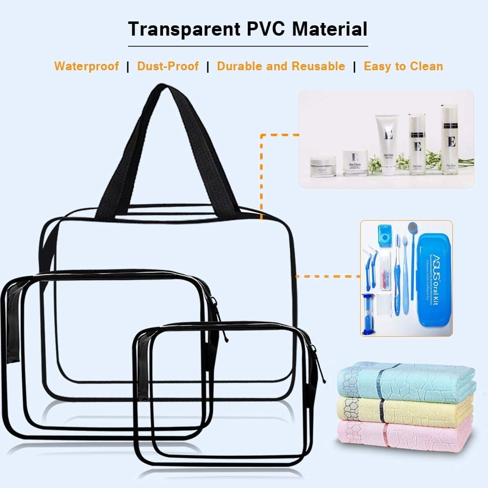 **DIVHUK 3-Piece Clear Plastic Cosmetic Bag Set - Waterproof Travel Toiletry Pouch with Zipper & Handle for Makeup Brushes & Essentials - Perfect for Women's Air Travel, Gym, and Daily Organization (Transparent)**