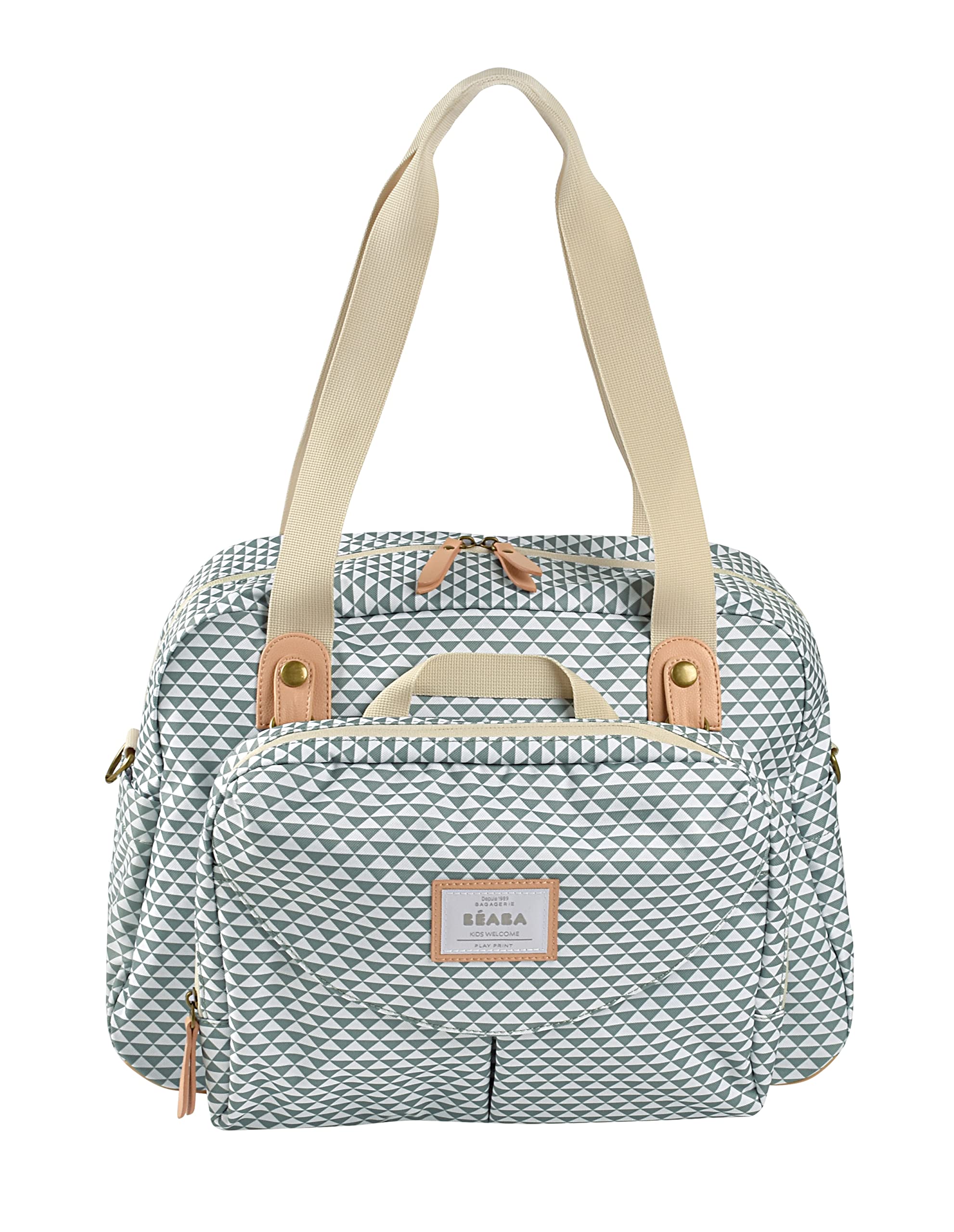 BEABA Geneva II Baby Changing Bag - Large Capacity Diaper Bag with Multiple Storage Pockets, Removable Front Pocket & Stroller Attachment | Includes Changing Mat & Insulated Lunch Pocket | Perfect for Travel, Daycare & On-the-Go Parents (Sage Green)