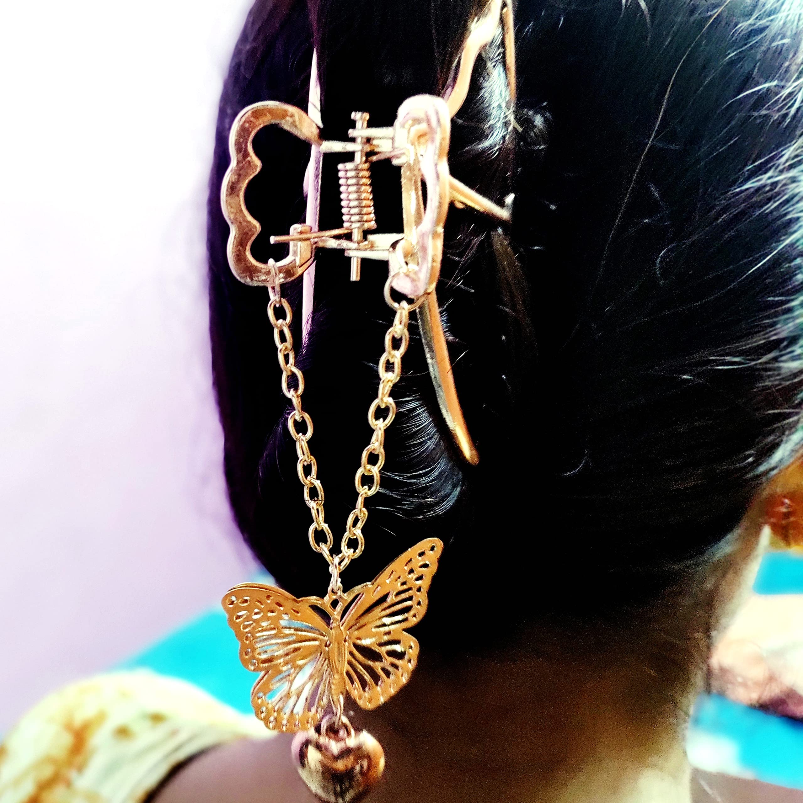 Butterfly Design Large Metal Hair Claw Clips with Tassel - Hair Jaw Clutches for Women & Girls - Half Bun Hairpins for Thick Hair - Golden Hair Accessories (Perfect for Parties, Weddings & Everyday Styling)