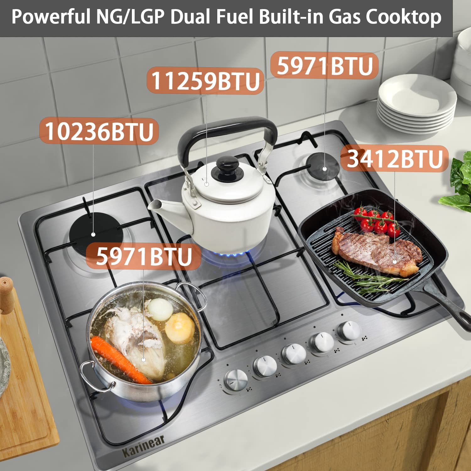 Karinear 30 Inch 5 Burner Built-in Stainless Steel Gas Cooktop - NG/LPG Dual Fuel Gas Stove with Thermocouple Protection for Apartments & Homes - Includes Pressure Regulator - Perfect for Cooking, Baking & Family Meals
