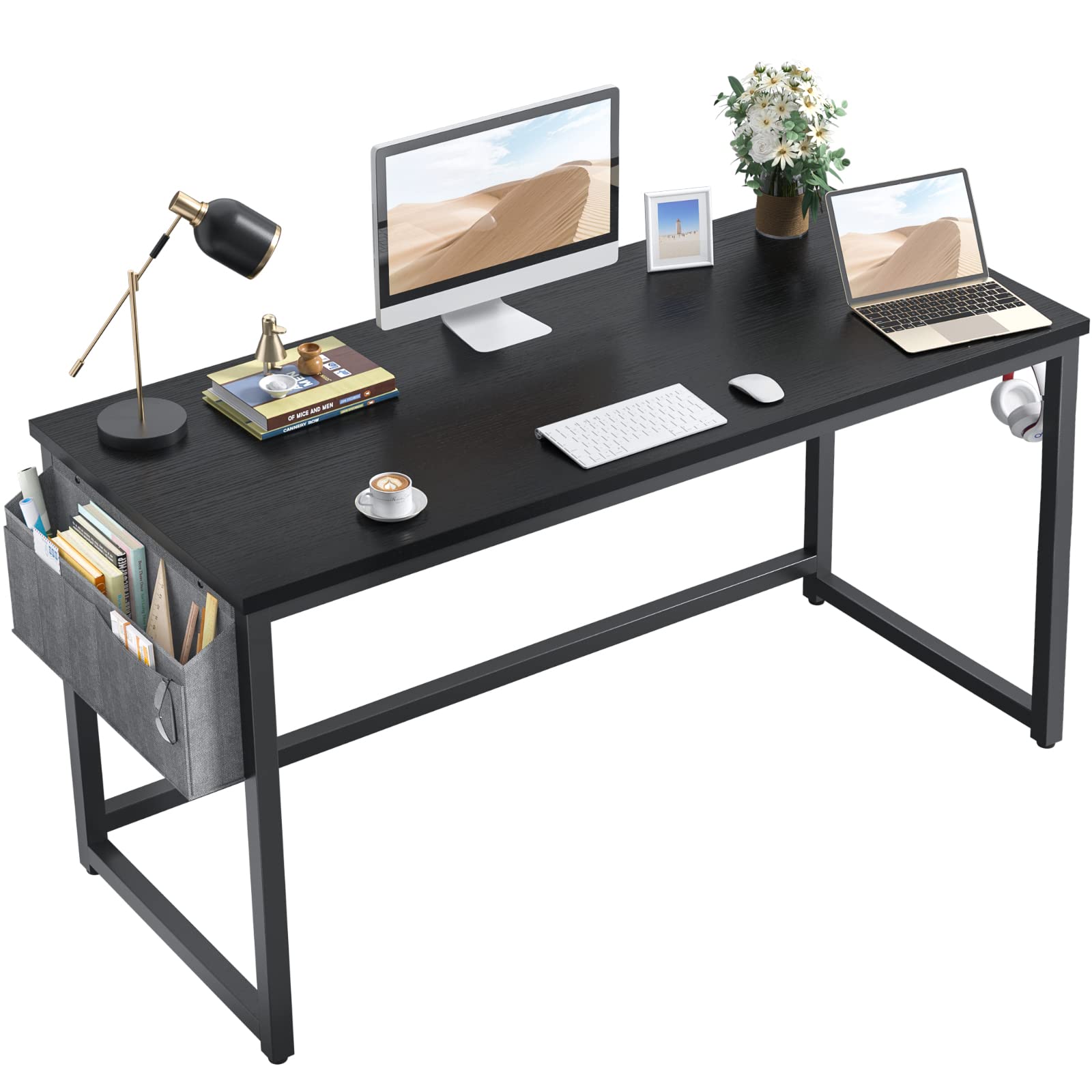 Foxemart 55 Inch Modern Computer Desk - Sturdy Office Desk for PC, Laptop & Notebook | Study Writing Table for Home Office Workstations (Black) | Perfect for Remote Work, Online Classes & Small Spaces