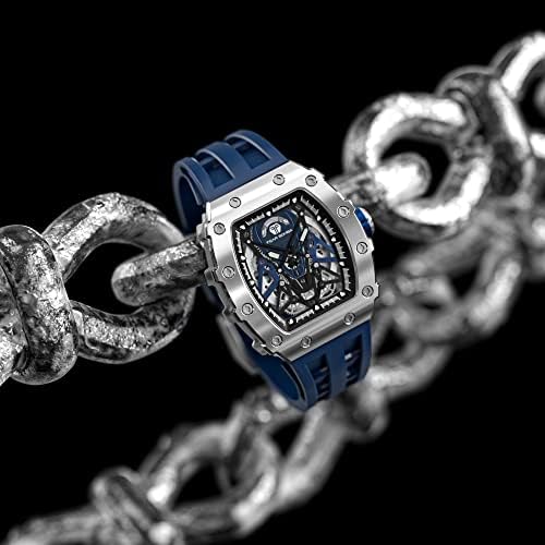 TSAR BOMBA Men's Luxury Automatic Skeleton Watch - Silver Square Big Face with Silicone Strap, 50M Waterproof Analog Watch for Business & Casual Wear - Perfect for Office, Dating & Special Occasions