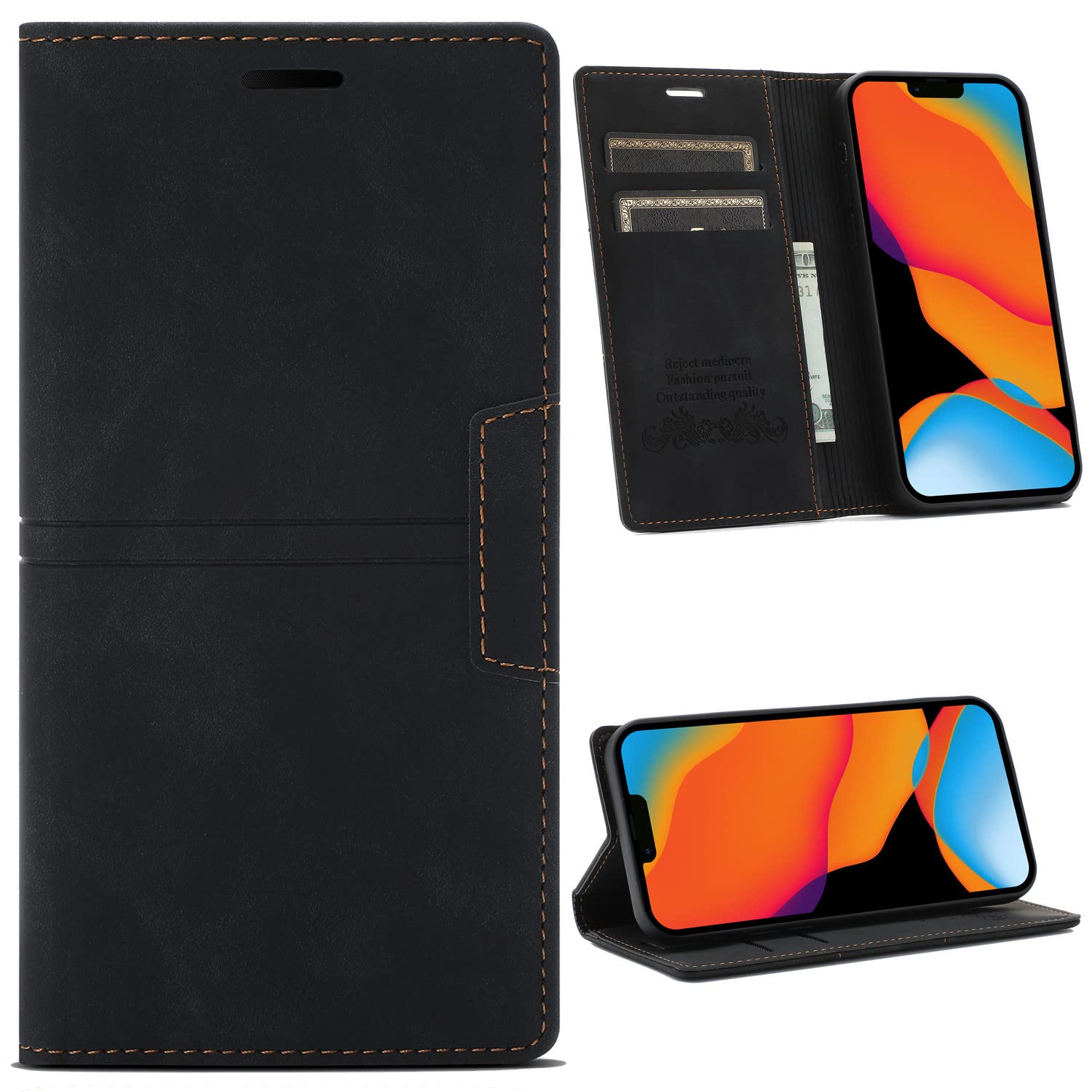 Premium PU Leather Wallet Case for OnePlus 9 Pro 5G - Slim Magnetic Cover with Card Slots & Kickstand | Perfect for Daily Use, Travel, and Hands-Free Viewing (Black)