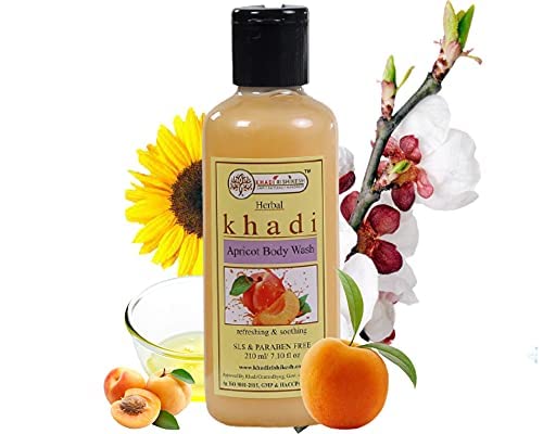 Khadi Rishikesh Ayurvedic Body Wash - Apricot Refreshing Shower Gel for Women & Men - Removes Dead Skin Cells - SLS & Paraben Free 210ml - Includes Free Loofah Bathing Sponge - Perfect for Daily Cleansing in Summer & Winter - Ideal for Dry, Sensitive Skin & Relaxing Bath Time