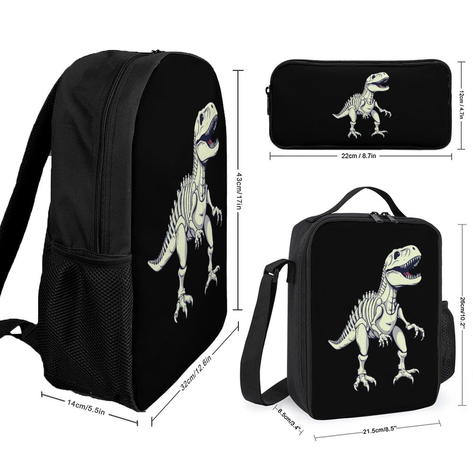Dinosaur Skeleton T-Rex Backpack Set - 3 Piece School & Travel Backpack Combo with 17 Inch Laptop Compartment, Lunch Box & Pencil Case | Perfect for Students, Camping & Daily Use