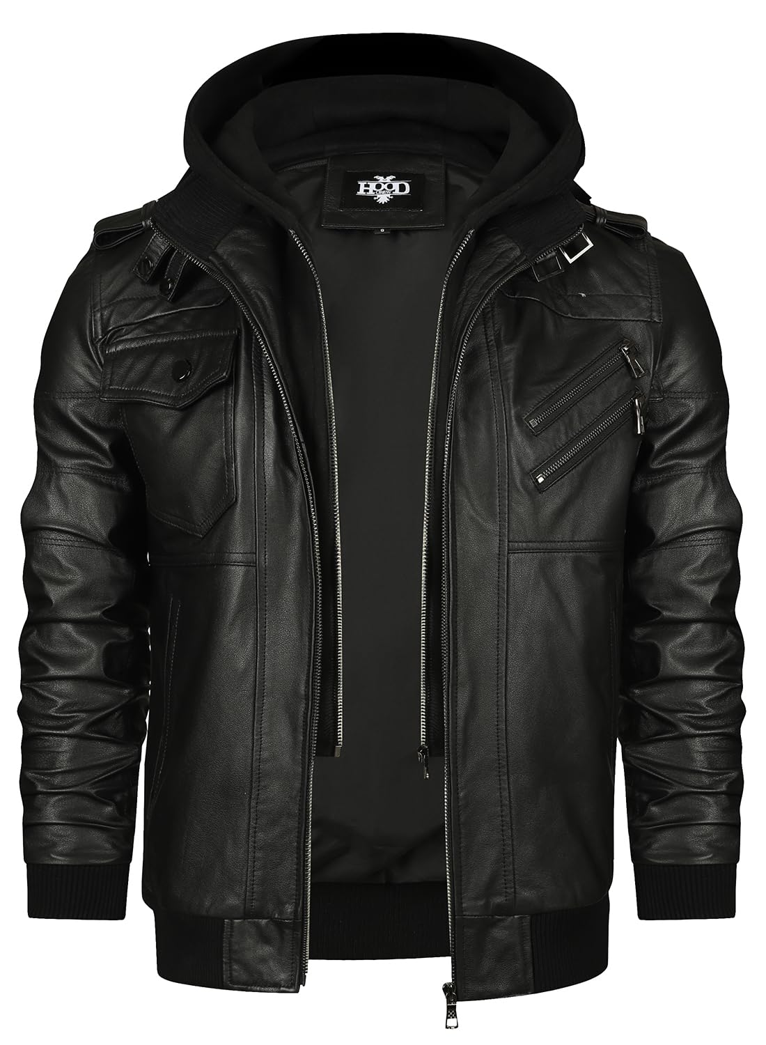 HOOD CREW Genuine Cowhide Leather Jacket for Men - Black Hooded Motorcycle Biker Jacket with Warm Lining | Perfect for Riding, Casual Wear & Outdoor Adventures
