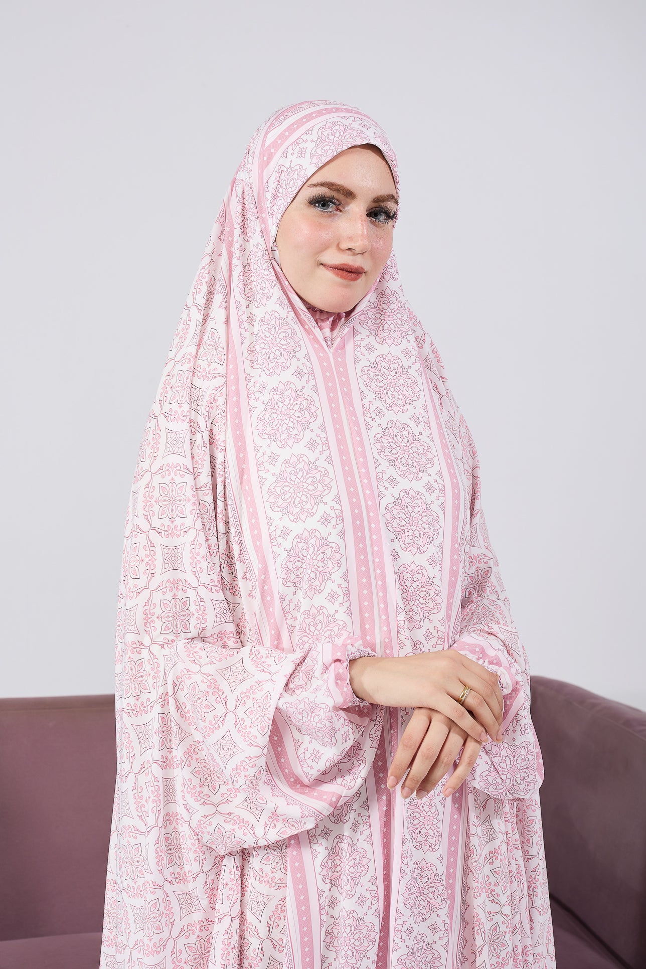 Aaliyah Blush Satin Prayer Gown with Intricate Floral Embroidery - Elegant Islamic Prayer Dress for Women, Modest Nightgown & Special Occasion Wear