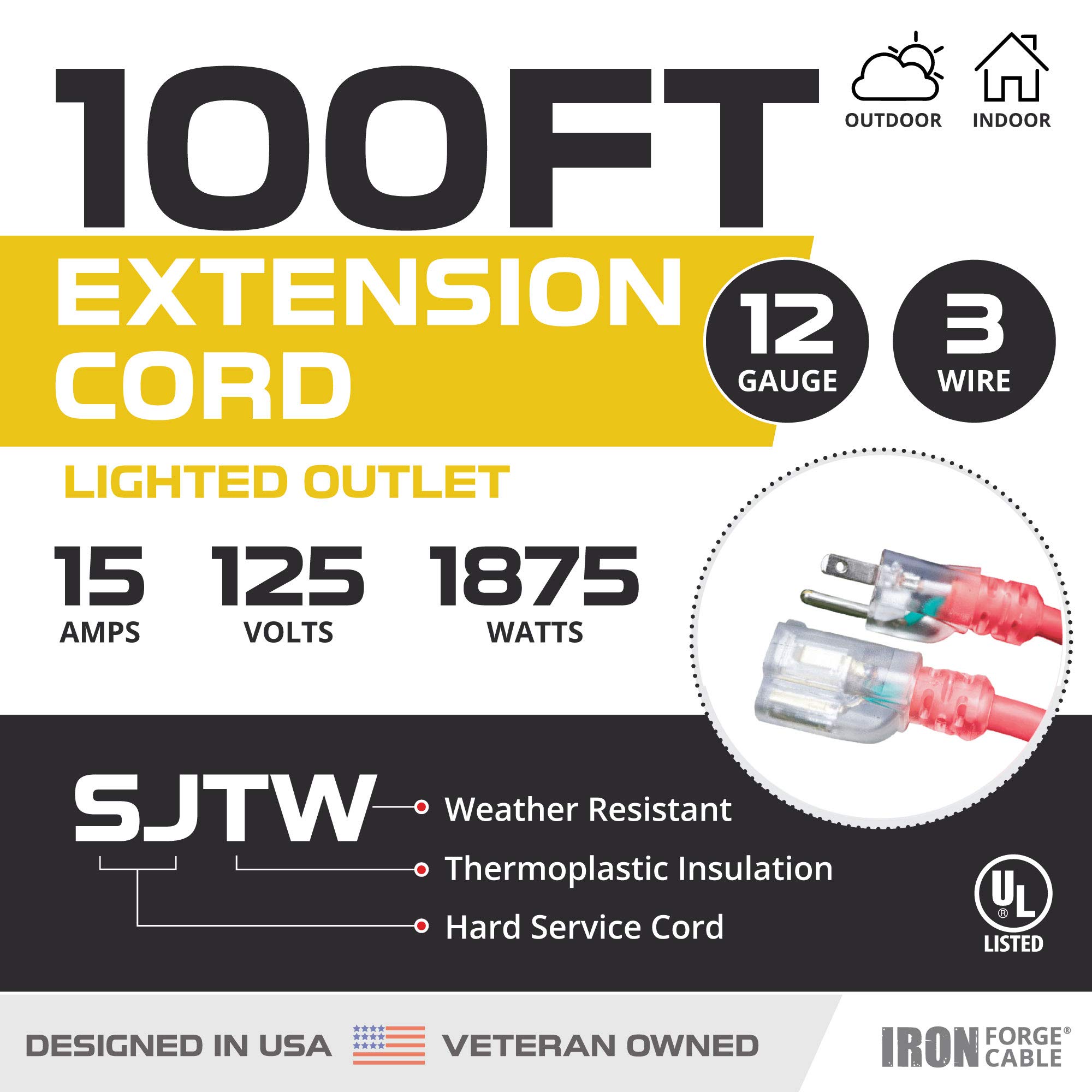 IRON FORGE 100 Ft Heavy Duty Outdoor Extension Cord - 12/3 SJTW Weatherproof Red Power Cable with 3-Prong Grounded Plug - Perfect for Garden Tools, Christmas Lights & Home Appliances - Safe for Outdoor Use in Rain, Snow & Extreme Weather
