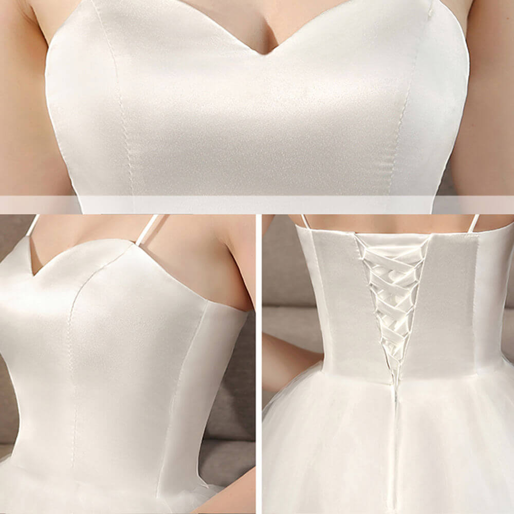 Elegant A-Line Ballet Spaghetti Straps Sweetheart Satin Tulle Short Wedding Dress for Bride, Bridesmaid, or Prom - Perfect for Beach Weddings, Vow Renewals & Romantic Photo Shoots
