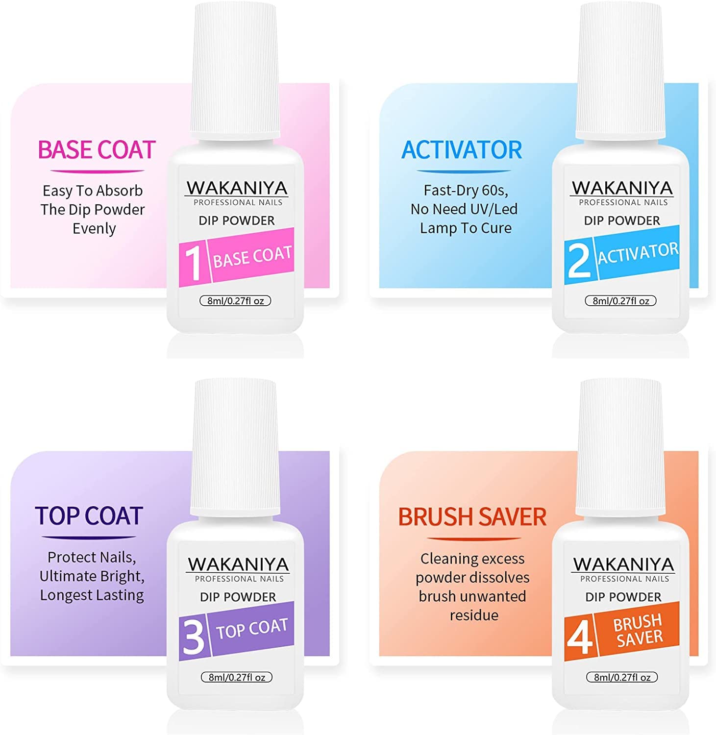 Wakaniya Dip Powder Nail Kit - 8 Colors Glitter Purple Galaxy Nail Powder Set with Base & Top Coat, Nail Remover Pads | Complete Starter Kit for Beginners | Perfect for Home Manicures, Salon-Quality Nails & DIY Nail Art