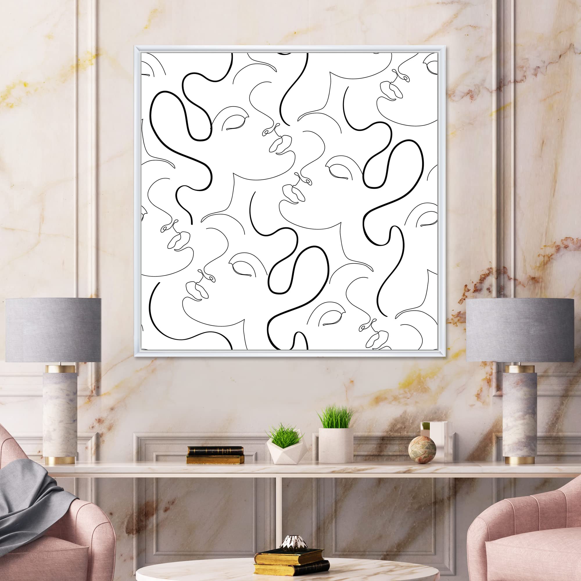 DesignQ Monochrome One Line Drawing Portraits - Modern Framed Canvas Wall Art Print for Living Room, Bedroom & Office Decor | Unique Handmade Home Wall Decorations