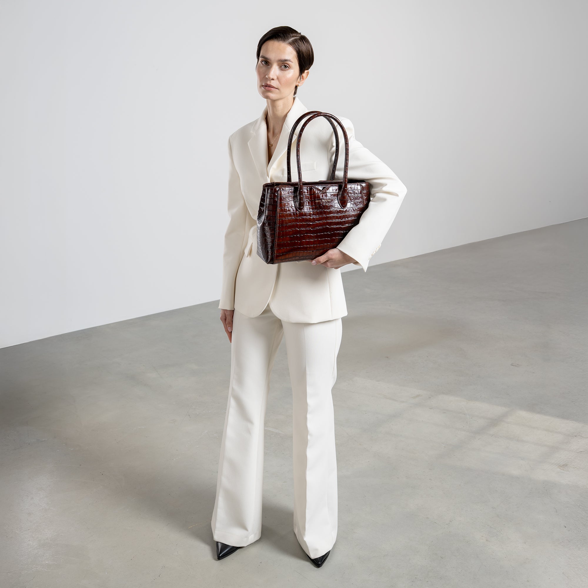 Honoré Cloe Midi Handbag - Genuine Croco-Embossed Brown Calfskin Leather - Perfect for Work, Evening Events & Daily Use