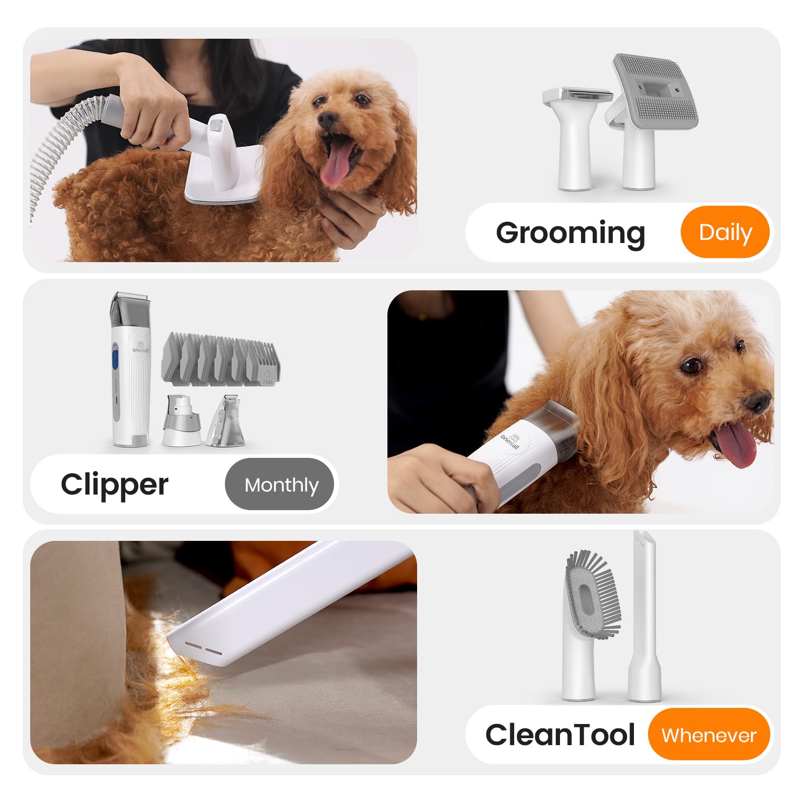 Oneisall Dog Grooming Vacuum with Clipper & Nail Grinder - 1.5L Dust Cup Pet Hair Vacuum Brush, 7-in-1 Deshedding Kit for Dogs & Cats - Perfect for Home Cleaning & Pet Grooming Salon Use