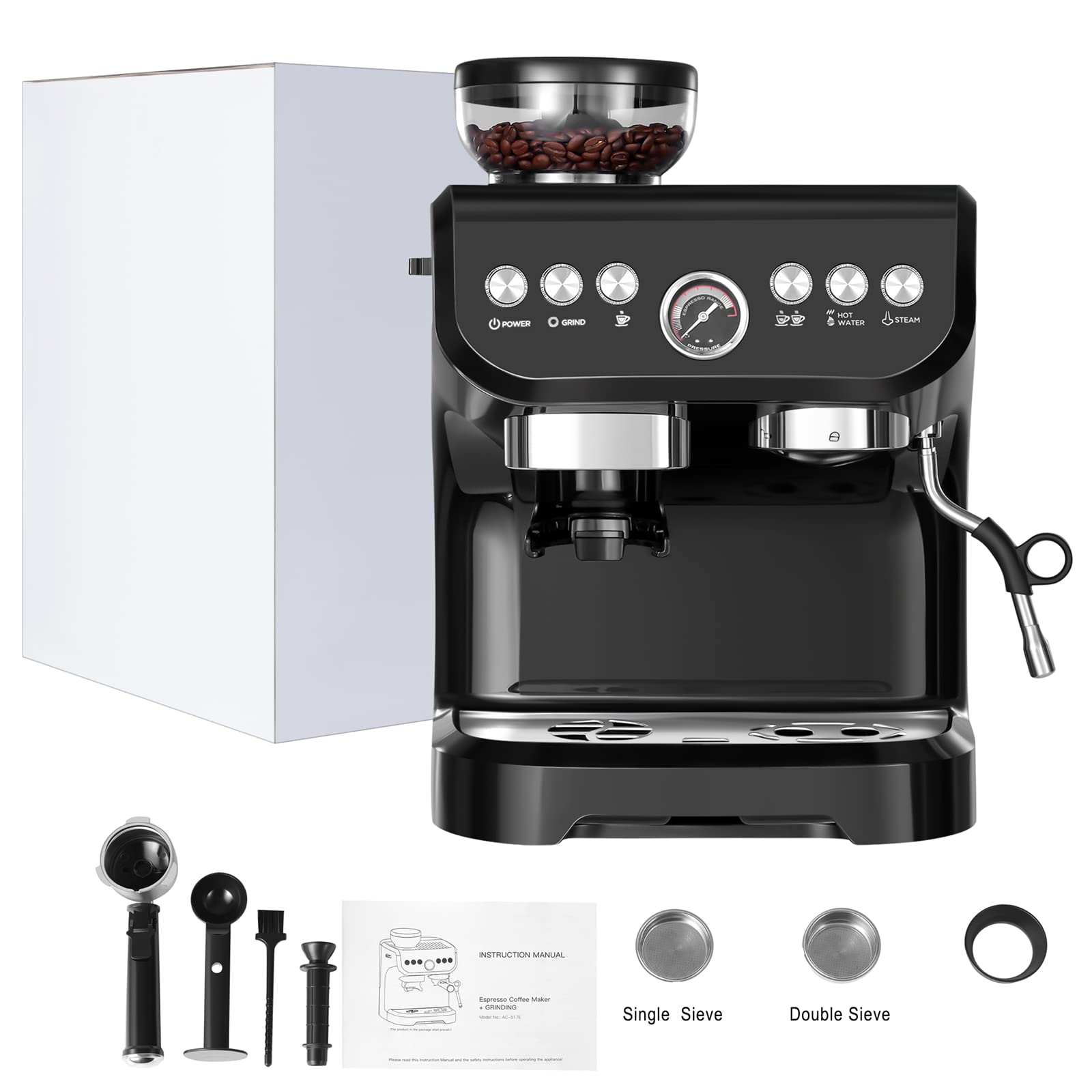 Premium Espresso Coffee Maker with Built-in Grinder - Electric Stainless Steel Machine for Home & Office - Perfect for Lattes, Cappuccinos & Americanos
