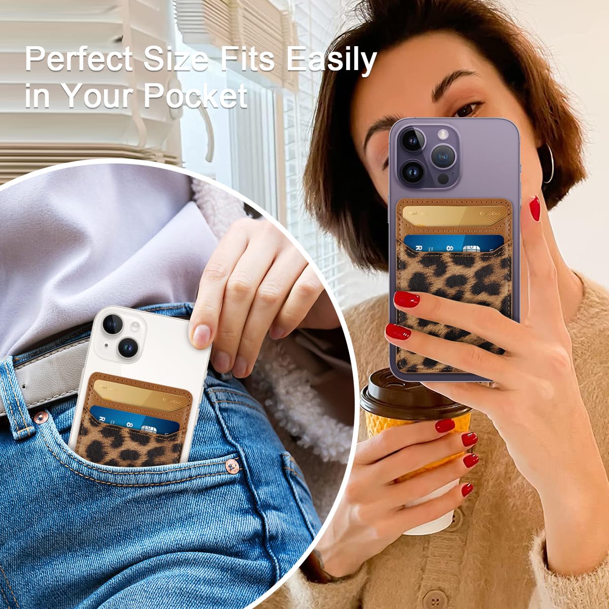 Self Adhesive Card Holder for Phone Back - Genuine Leather RFID Blocking Wallet Pocket with Strong Adhesive - Credit Card Sleeve for iPhone & Samsung Cases (Leopard Print) - Perfect for Hands-Free Shopping, Travel & Contactless Payments