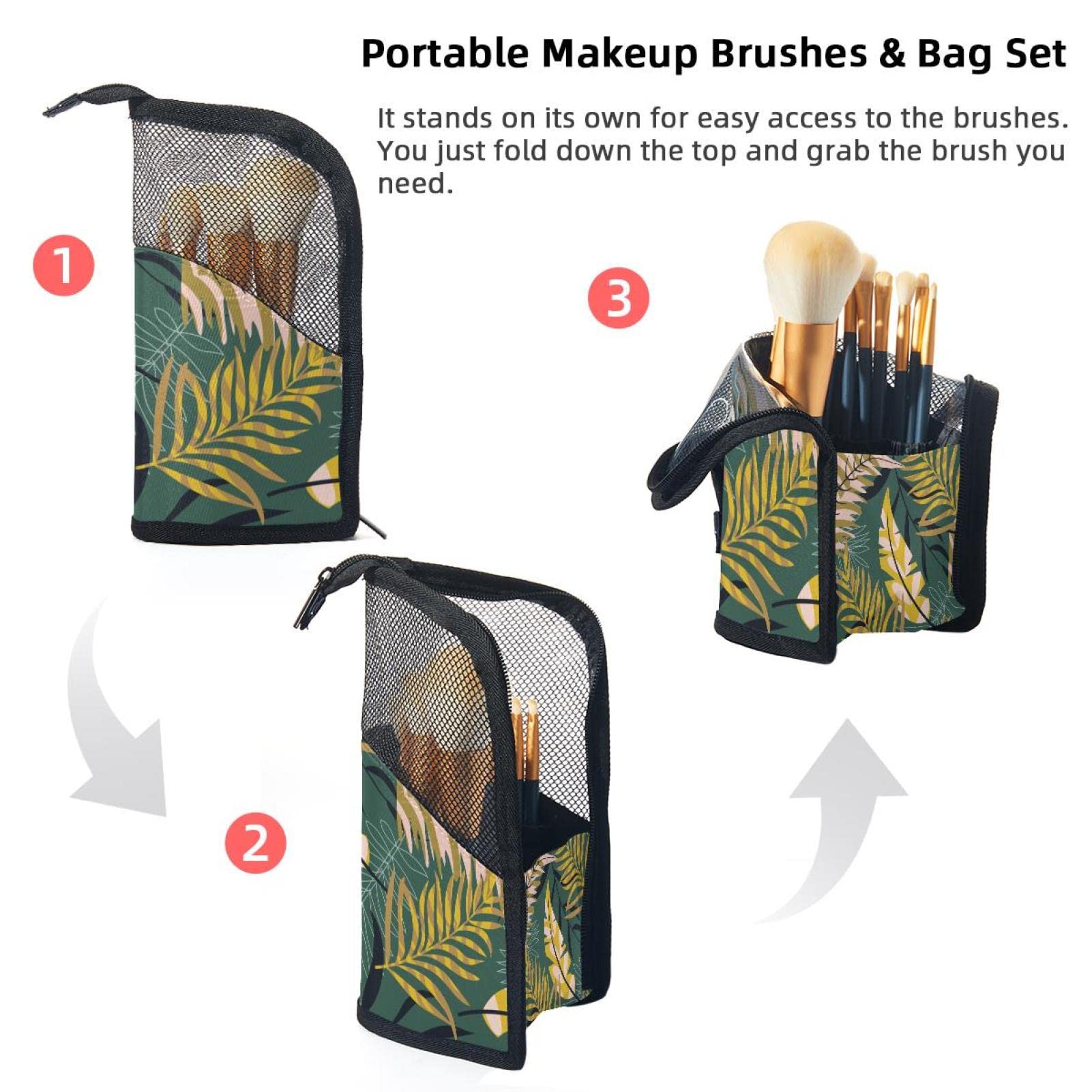 12-Piece Makeup Brush Organizer Bag with Portable Holder - Tropical Jungle Leaves Green Design - Perfect for Travel, Home Storage & Professional Makeup Artist Kit