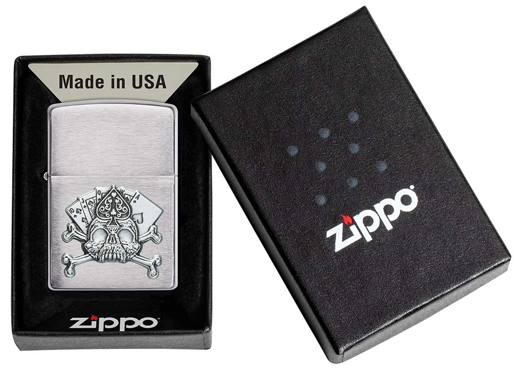 Zippo Brushed Chrome Pocket Lighter with Skull Emblem - Windproof Refillable Metal Lighter for Outdoor Camping, Hiking & Everyday Carry (One Size)