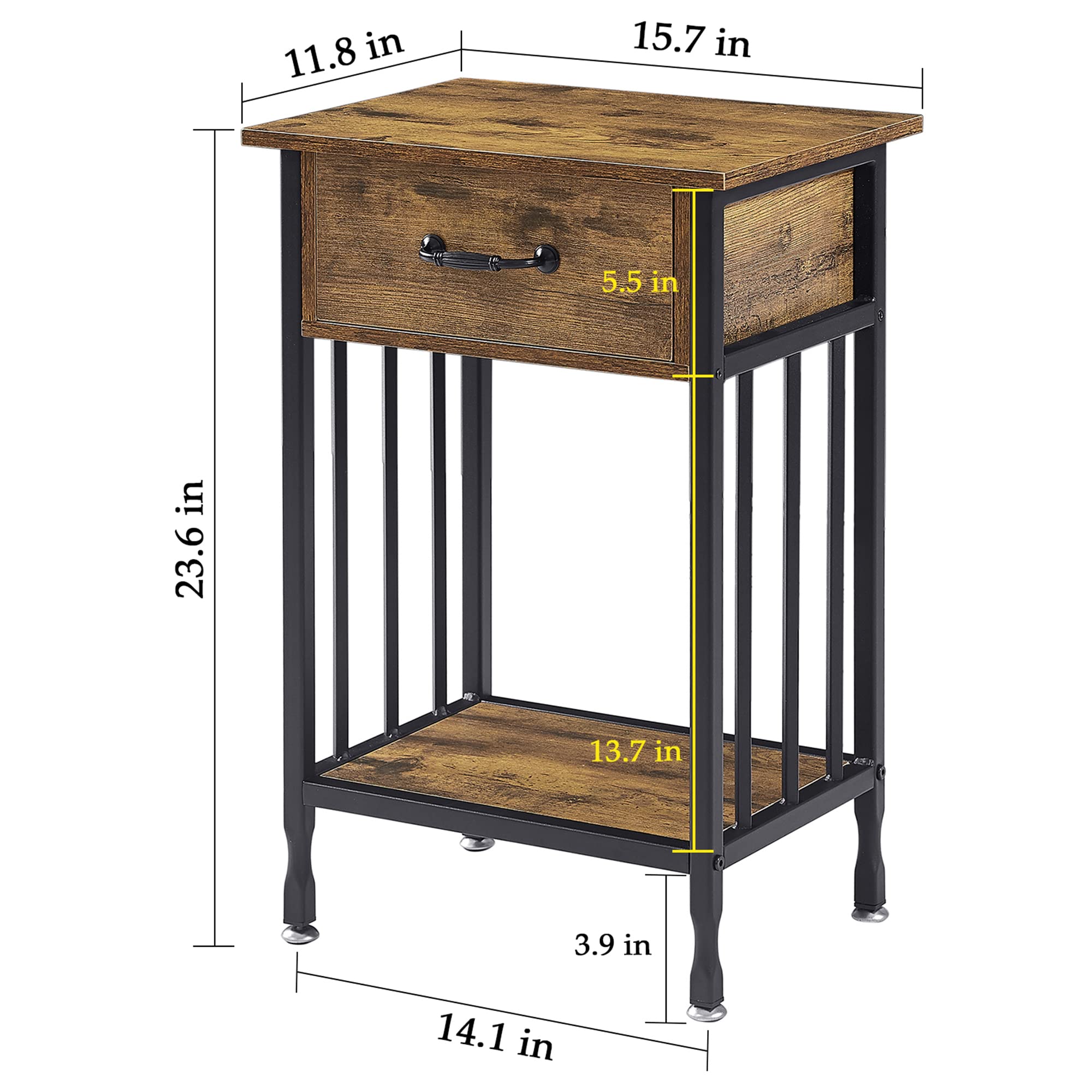 VECELO 3-Tier Nightstand with Drawer & Storage Shelf - Wooden Bedside Table with Metal Frame for Bedroom & Living Room - Perfect for Organizing Books, Lamps, and Bedroom Essentials
