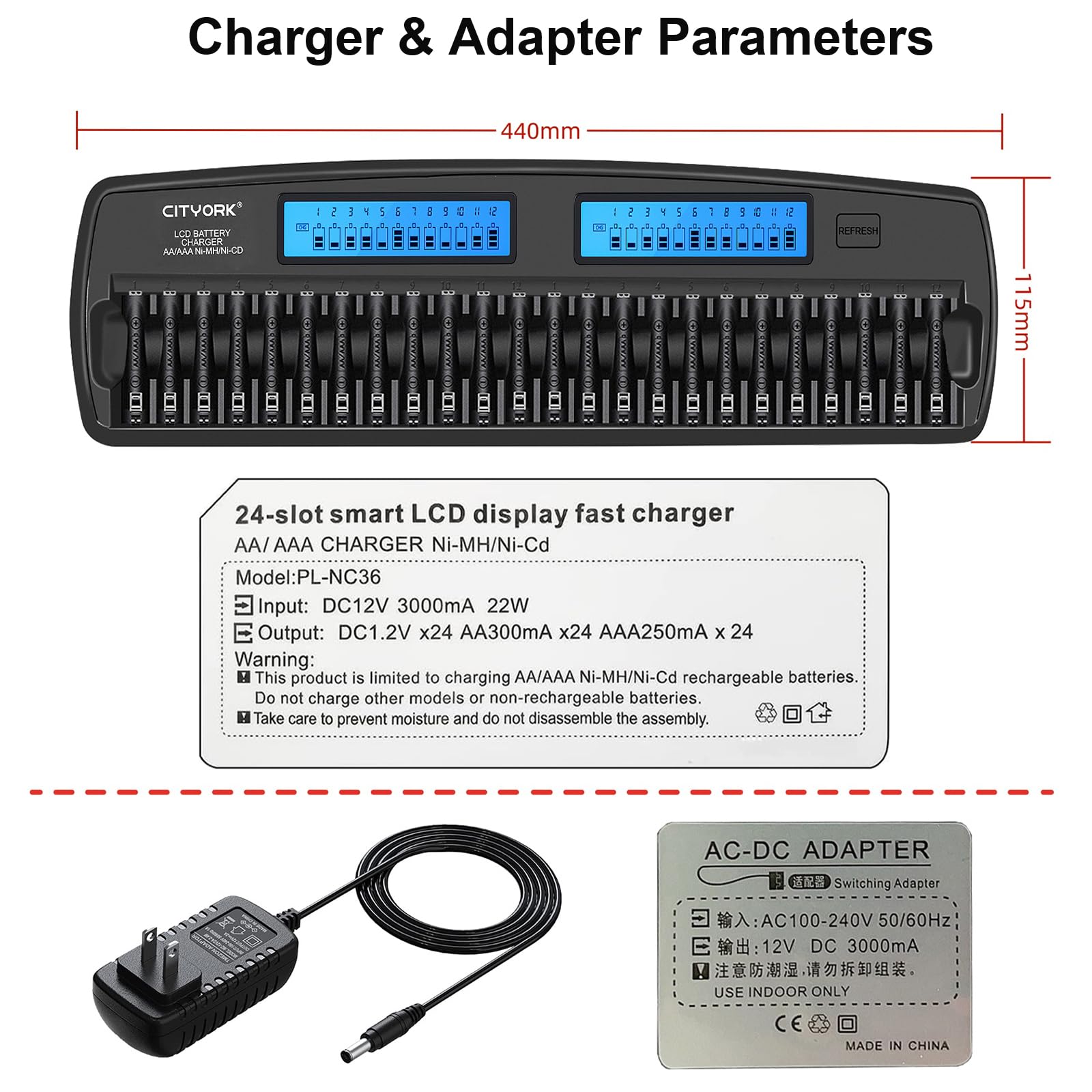 24-Bay Smart Battery Charger for AA/AAA NiMH/NiCd Rechargeable Batteries - Fast Charging with LCD Display, Built-in IC Protection & AC Adapter - Perfect for Home, Office, and Emergency Power Needs