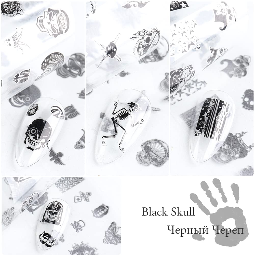 Skull Nail Foils Transfer Stickers - 10PCS Holographic Starry Sky Retro Black Pirate Skeleton Nail Art Decals for Halloween Christmas Party Nail Designs - Perfect for DIY Manicures, Salon Nail Art, and Themed Costume Parties