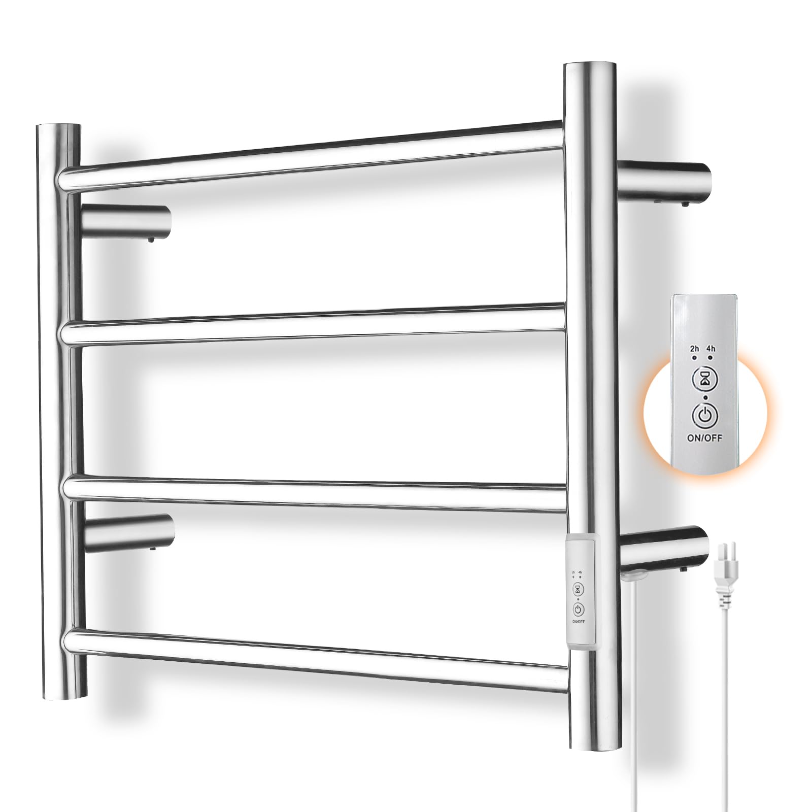 Premium Heated Towel Rack for Bathroom - Wall Mounted Electric Towel Warmer & Dryer with Timer Control, Plug-in/Hardwired Options (Polished Chrome, 4 Bars) - Perfect for Spa-Like Luxury, Guest Bathrooms & Cold Mornings