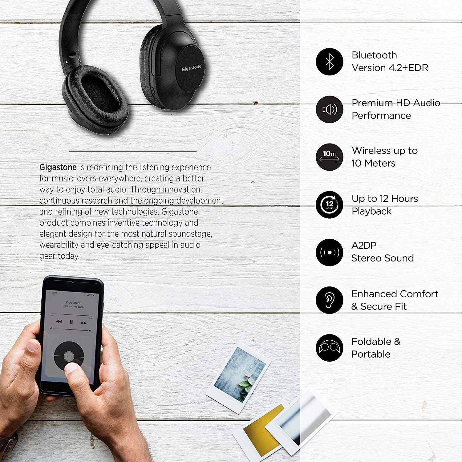 Gigastone Bluetooth Headphones Over Ear - Hi-Fi Stereo Wireless Headset with Built-in Mic, Foldable Design & Soft Earmuffs | Compatible with iPhone, Android, PC | Perfect for Travel, Gaming & Work Calls