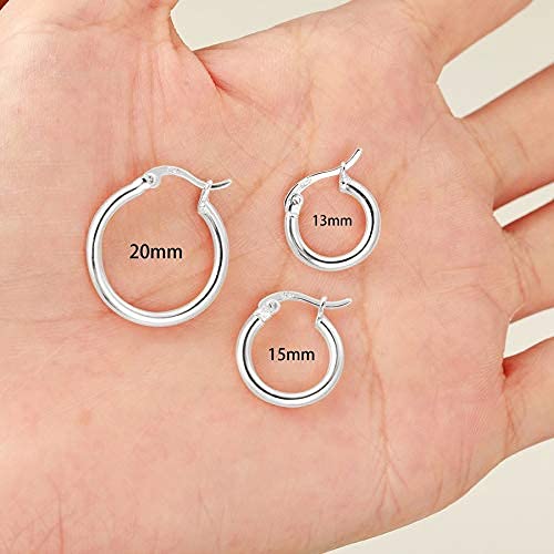 925 Sterling Silver Small Hoop Earrings - Hypoallergenic Huggie Earrings for Women & Men (13mm/15mm, 2 Pairs) | Everyday Wear, Gift Idea, Party & Office Accessories