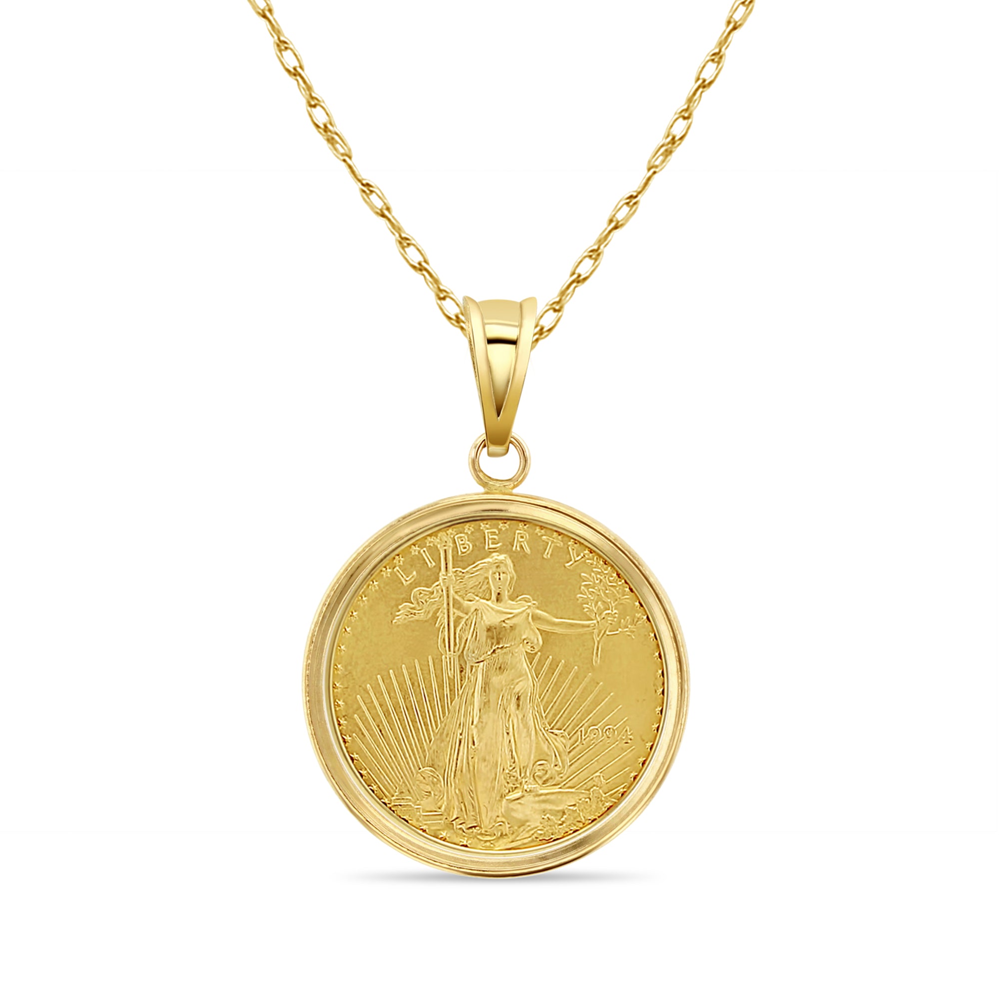 1/2OZ Fine Gold Lady Liberty Medallion Necklace - 14K Solid Gold Polished Bezel Pendant - Perfect for Gifts, Collectors & Patriotic Jewelry Lovers | Elegant Necklace for Special Occasions & Everyday Wear