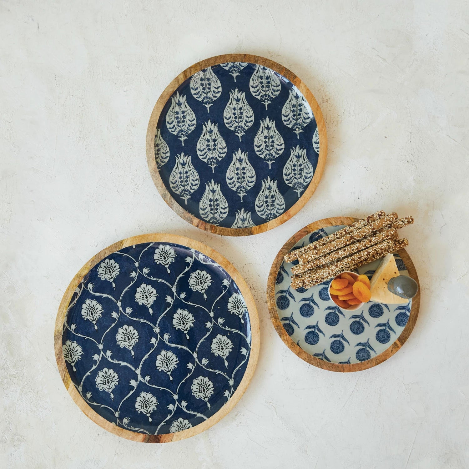 Blue & White Mango Wood Serving Tray Set - Handcrafted Decorative Wooden Tray for Dining, Coffee Table, Vanity & Home Decor - Eco-Friendly Kitchen & Living Room Accessories