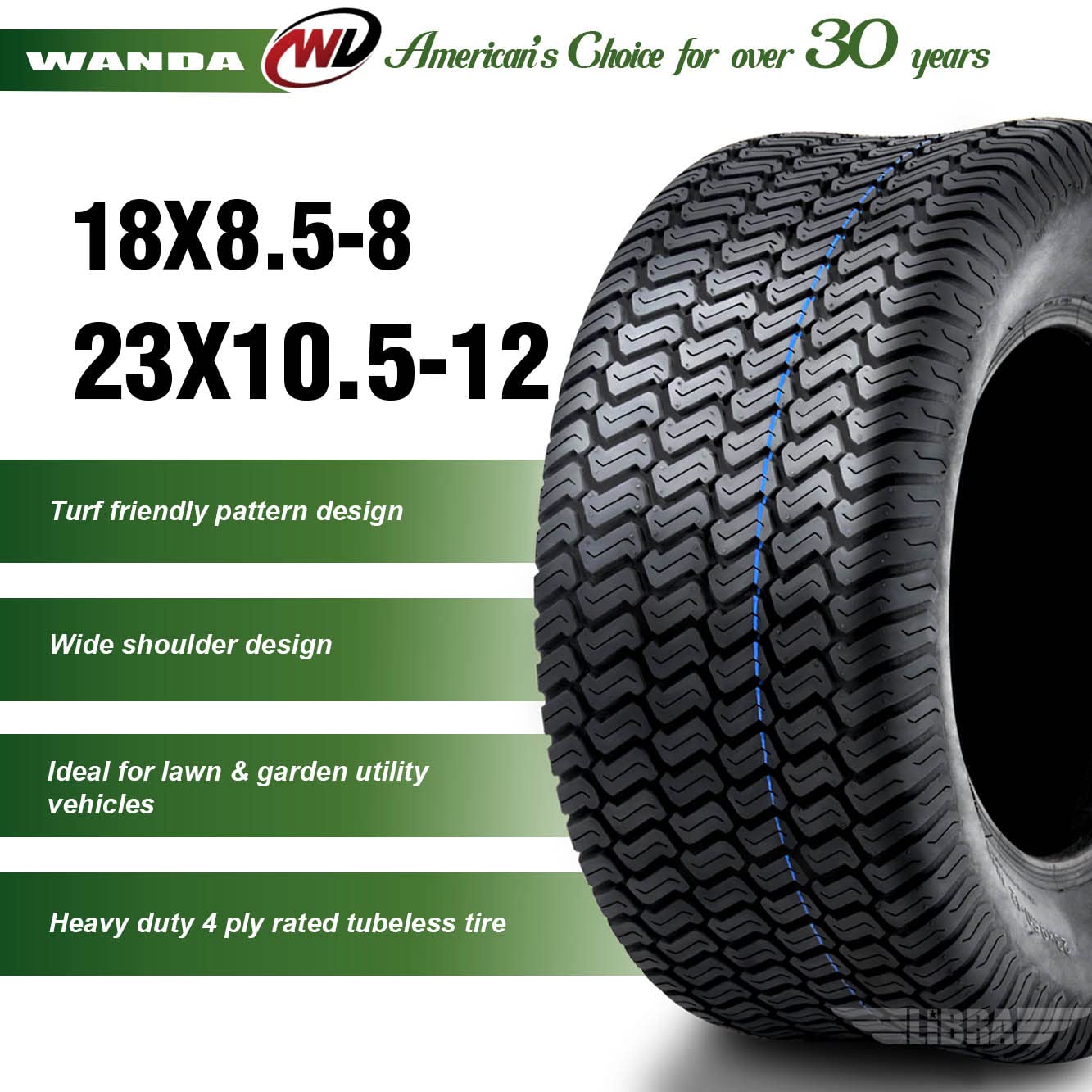 WANDA 4-Ply Lawn Mower Tires Set - 18x8.5-8 Front & 23x10.5-12 Rear (Fits Models 13028/13049) - Durable Turf Tires for Zero-Turn Mowers, Riding Tractors & Commercial Landscaping Equipment