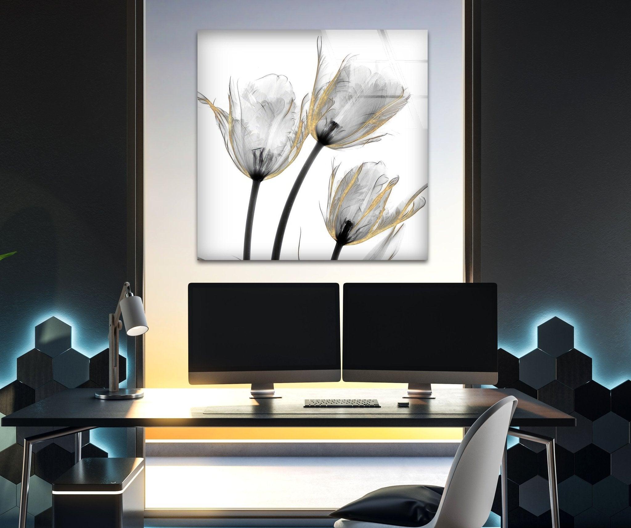 Albert Koetsier Gold Embellished Tulips Glass Wall Art - Handcrafted Floral Home Decor for Living Room, Bedroom & Office - Elegant Gift Idea for Housewarming & Wedding