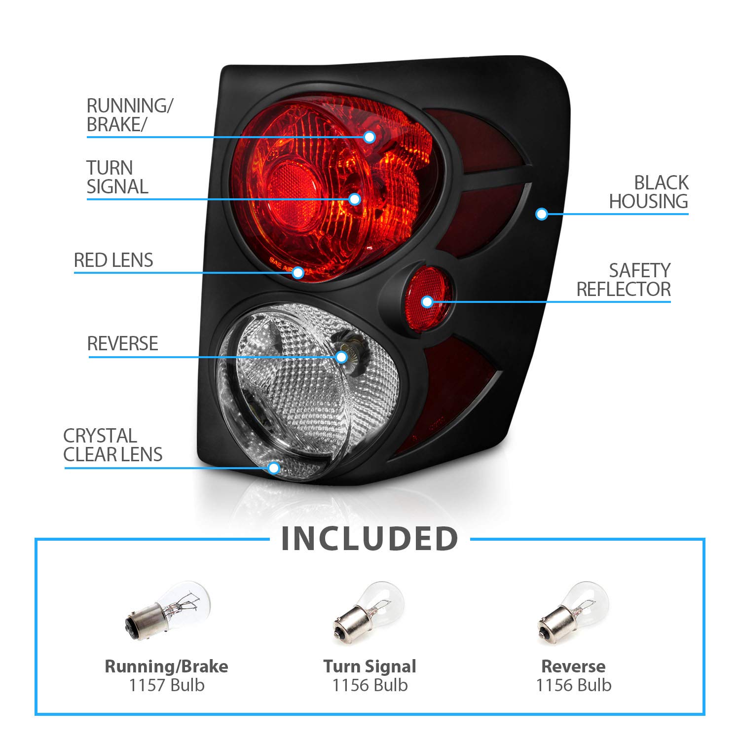 AmeriLite Black 3D Pop-Out LED Brake Tail Lights Replacement Set (Bulbs Included) for 1999-2004 Jeep Grand Cherokee - Left & Right Side - Off-Road & Night Driving Safety Enhancement