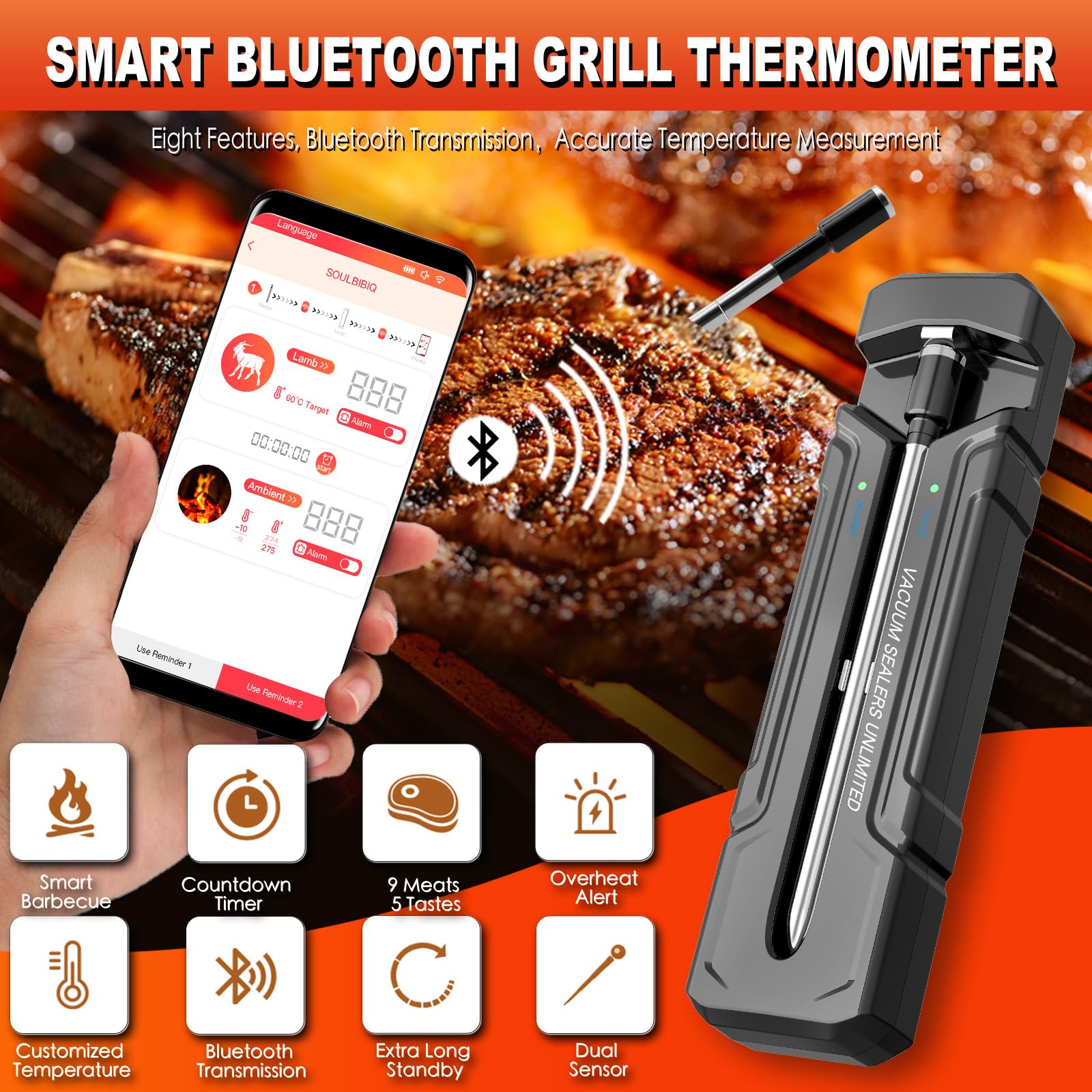 Smart Bluetooth Meat Thermometer - Wireless Digital Food Thermometer for Grilling, Smoking, BBQ, Oven Cooking with 500ft Remote Monitoring & Temperature Alerts | Perfect for Steak, Turkey, Chicken & More