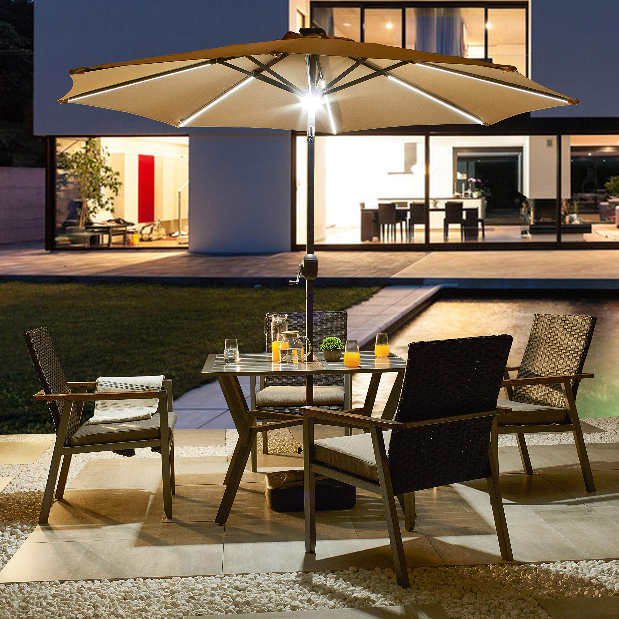 LOKATSE HOME 8.8FT Solar Powered Outdoor Patio Umbrella with 8 LED Lights - Aluminum Ribs, Central Hug Light, Crank & Tilt Mechanism for Garden, Deck, Poolside & Outdoor Dining Areas | Perfect for Backyard, Patio Furniture and Summer Relaxation