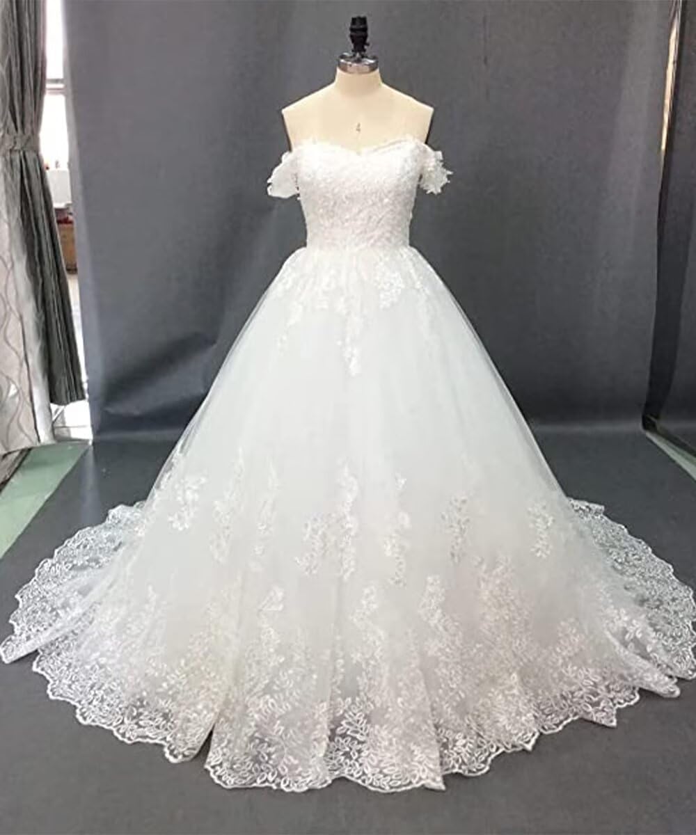 Elegant Off-The-Shoulder Lace Wedding Dress with Puffy Tulle Skirt & Long Train | Sweetheart Neckline Bridal Gown for Bride | Perfect for Beach Weddings, Church Ceremonies & Romantic Photoshoots