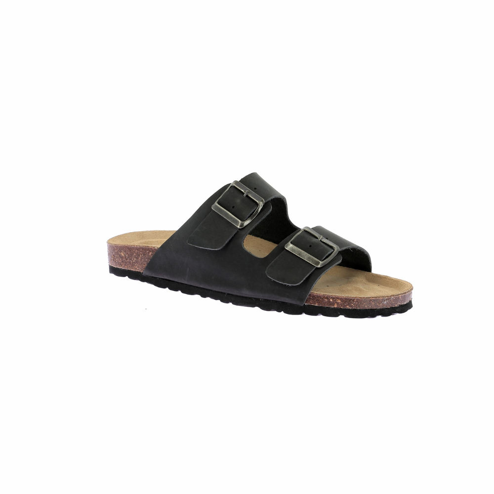 Men's Black Leather & Cork Mules - Comfortable Slip-On Shoes for Casual Wear, Office & Summer Outfits
