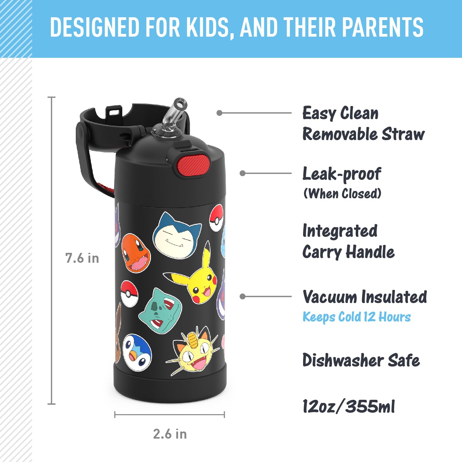 THERMOS FUNTAINER 12oz Kids Stainless Steel Vacuum Insulated Water Bottle with Straw & Lid - Pokémon Design - Leakproof & BPA-Free for School, Sports & Outdoor Activities