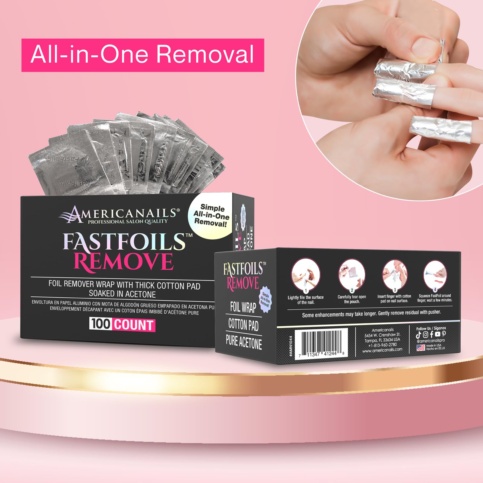 Americanails FastFoils 100ct One Step Gel Polish Foil Remover Wraps - All-in-One Nail Polish Remover with Thick Cotton Pads & Pure Acetone - Removes Gel, Acrylic & Dip Nails - Perfect for Salon & At-Home Manicures
