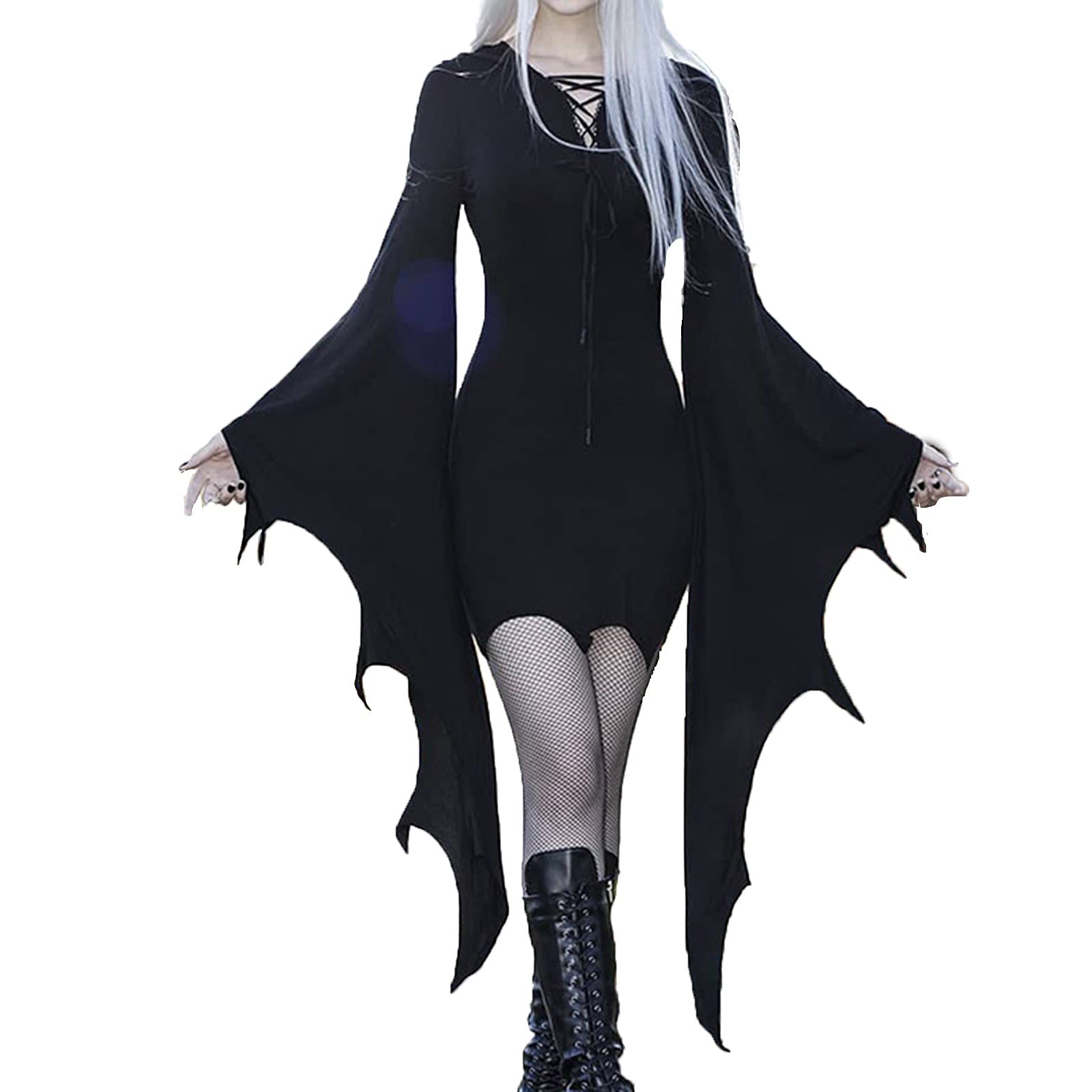 FRETRG Women's Halloween Party Dress - Sexy Black Mini Tunic with V-Neck, Batwing Sleeves & Slim Bandage Fit | Perfect for Halloween Costume, Cosplay, Nightclub Outfits & Autumn Date Nights