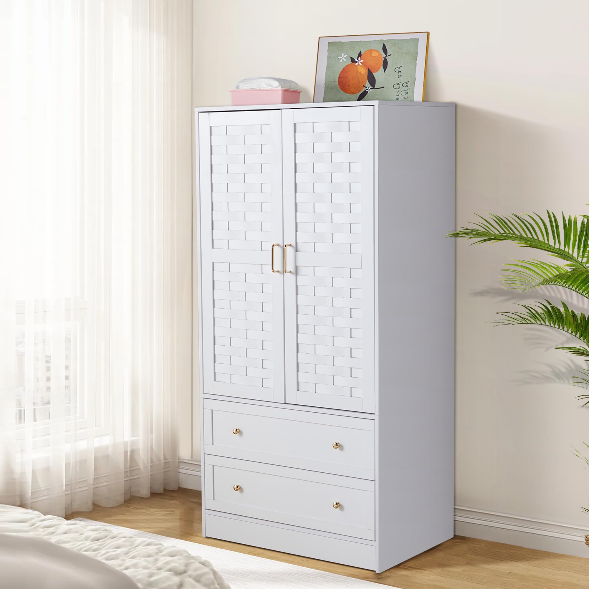 LEVNARY White Armoire Wardrobe Closet - Freestanding Storage Cabinet with 2 Woven Doors & 2 Drawers, Hanging Rail for Bedroom Organization (Perfect for Small Spaces, Apartments & Dorm Rooms)