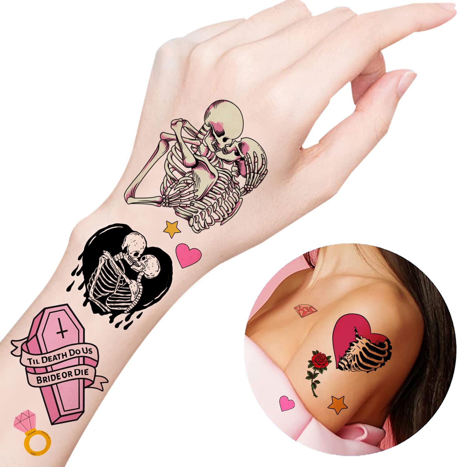 192 PCS Til Death Do Us Part Temporary Tattoos - Gothic Halloween Stickers for Bridal Showers, Bachelorette Parties, Valentine's Gifts & Decorations - Perfect for Themed Events, Costume Accessories & Fun Prizes (16 Sheets)