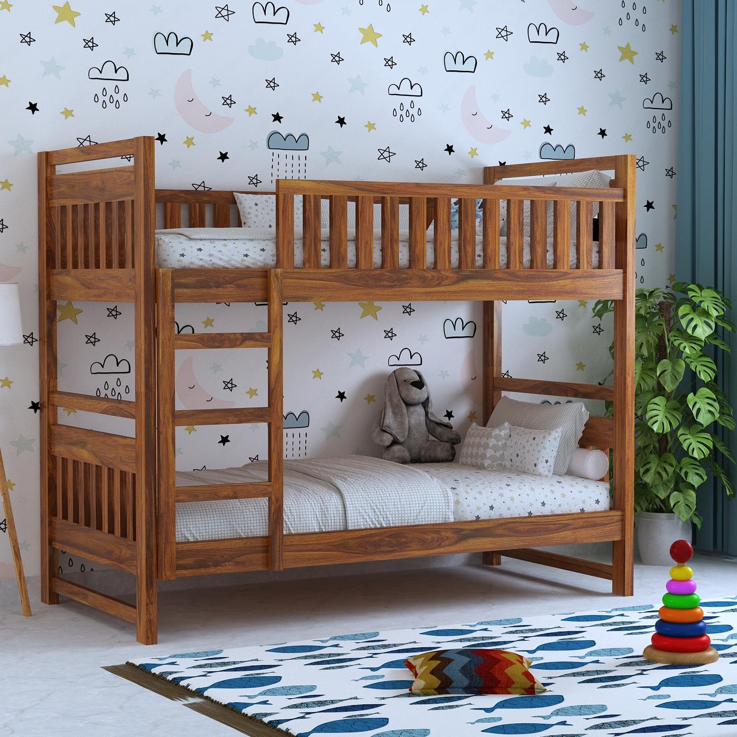 **Dreamydesks Sheesham Wood Tylor Bunk Bed - Solid Wood Double Bed Without Storage, Natural Finish - Perfect for Kids' Bedroom, Guest Room & Small Spaces**
