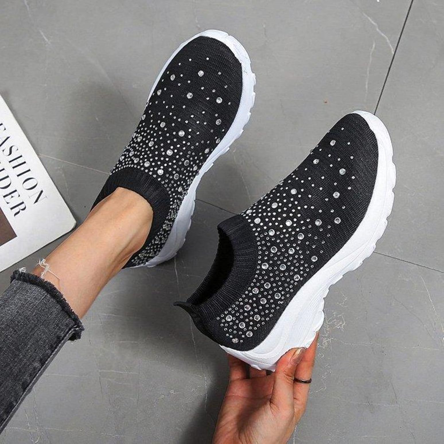 HINDOLA Women's Rhinestone Mesh Slip-On Sneakers - Breathable Lightweight Walking Shoes for Casual, Running & Tennis - Black | Perfect for Workouts, Daily Wear & Outdoor Activities