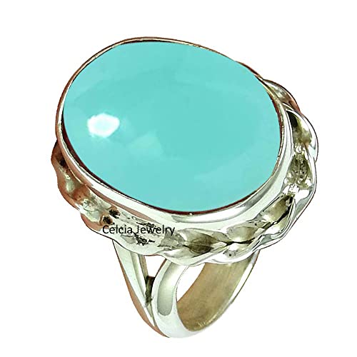 Aqua Chalcedony Healing Gemstone Oval Ring - 925 Sterling Silver Solitaire Statement Ring for Women | Elegant & Delicate Jewelry Gift for Her | Perfect for Weddings, Parties & Everyday Wear (Size 7)