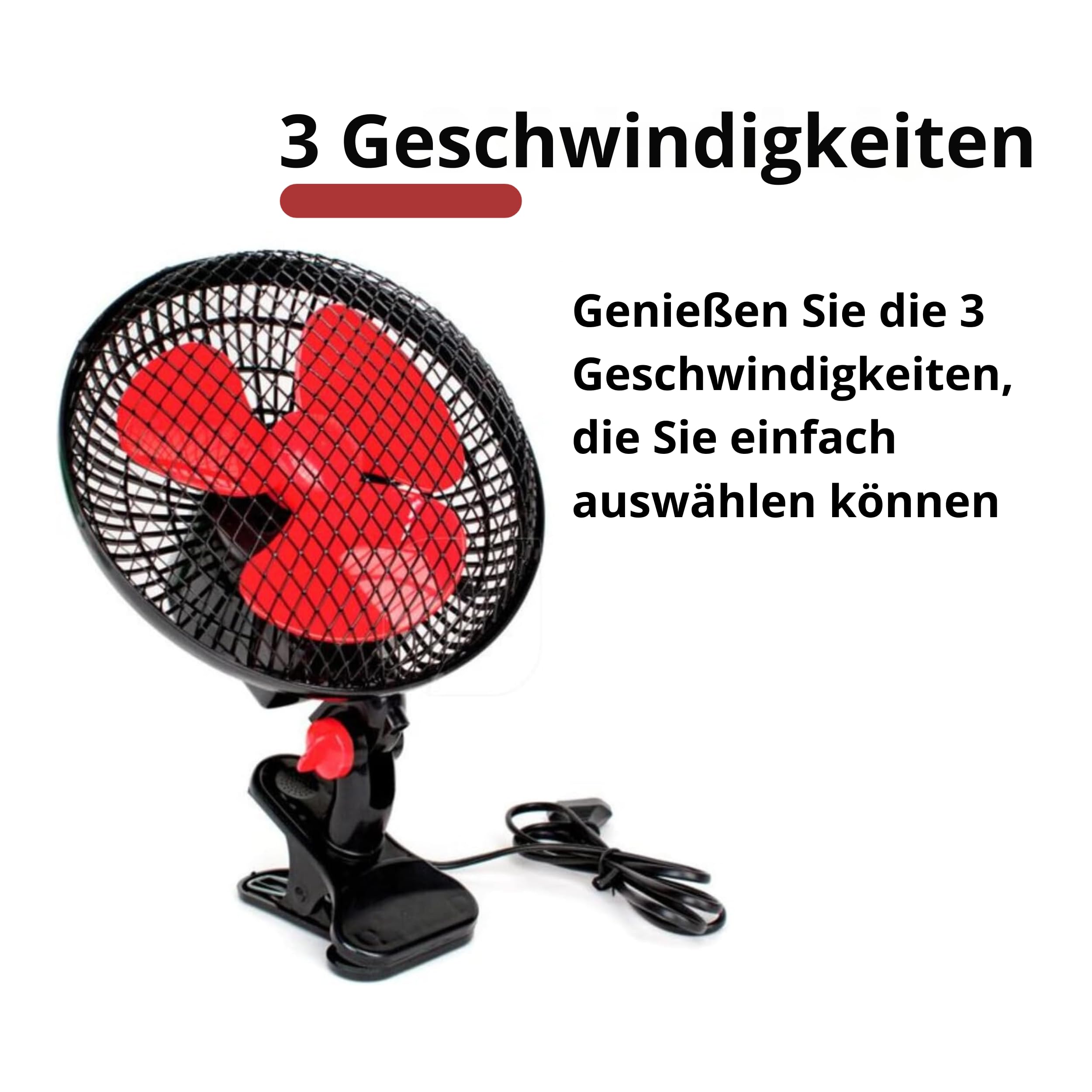 GROWMANIA 20cm Oscillating Fan - 2 Speed Settings, 20W Power, 360° Rotation, Ultra Quiet with 3 Red Blades (Black) - Perfect for Home, Office, and Indoor Cooling